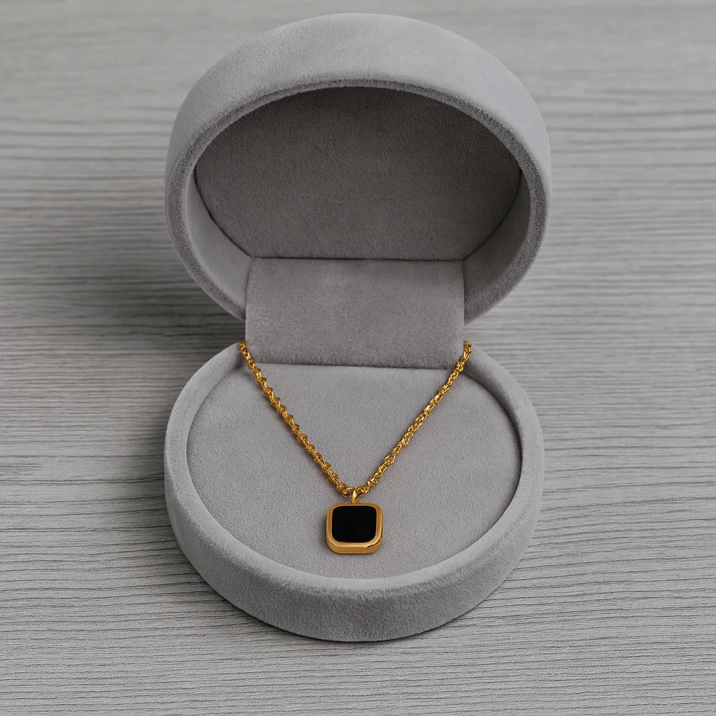 Black Onyx Square Necklace 925 Sterling Silver Yellow Plated