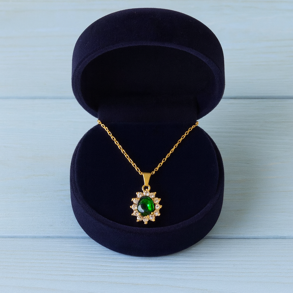 Emerald Halo Necklace 925 Sterling Silver Yellow Plated