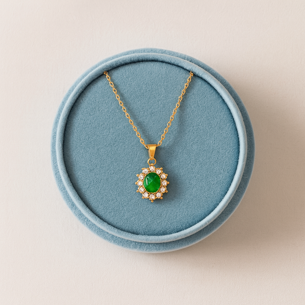 Emerald Halo Necklace 925 Sterling Silver Yellow Plated