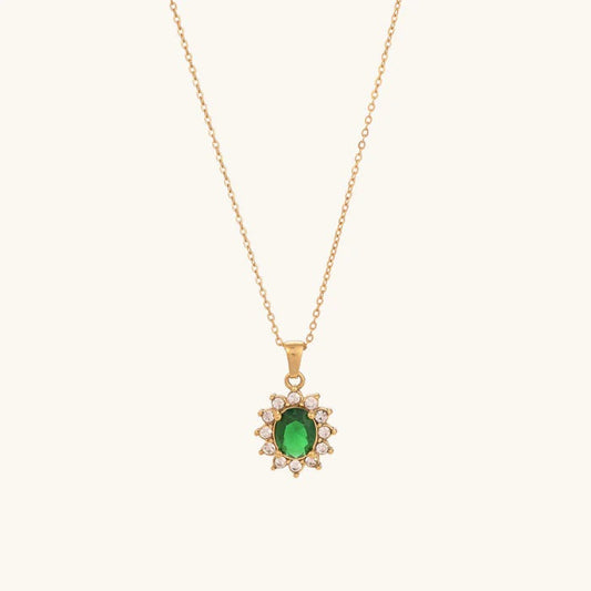 Green Oval Halo Necklace – 925 Sterling Silver