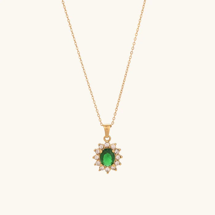 Green Oval Halo Necklace – 925 Sterling Silver