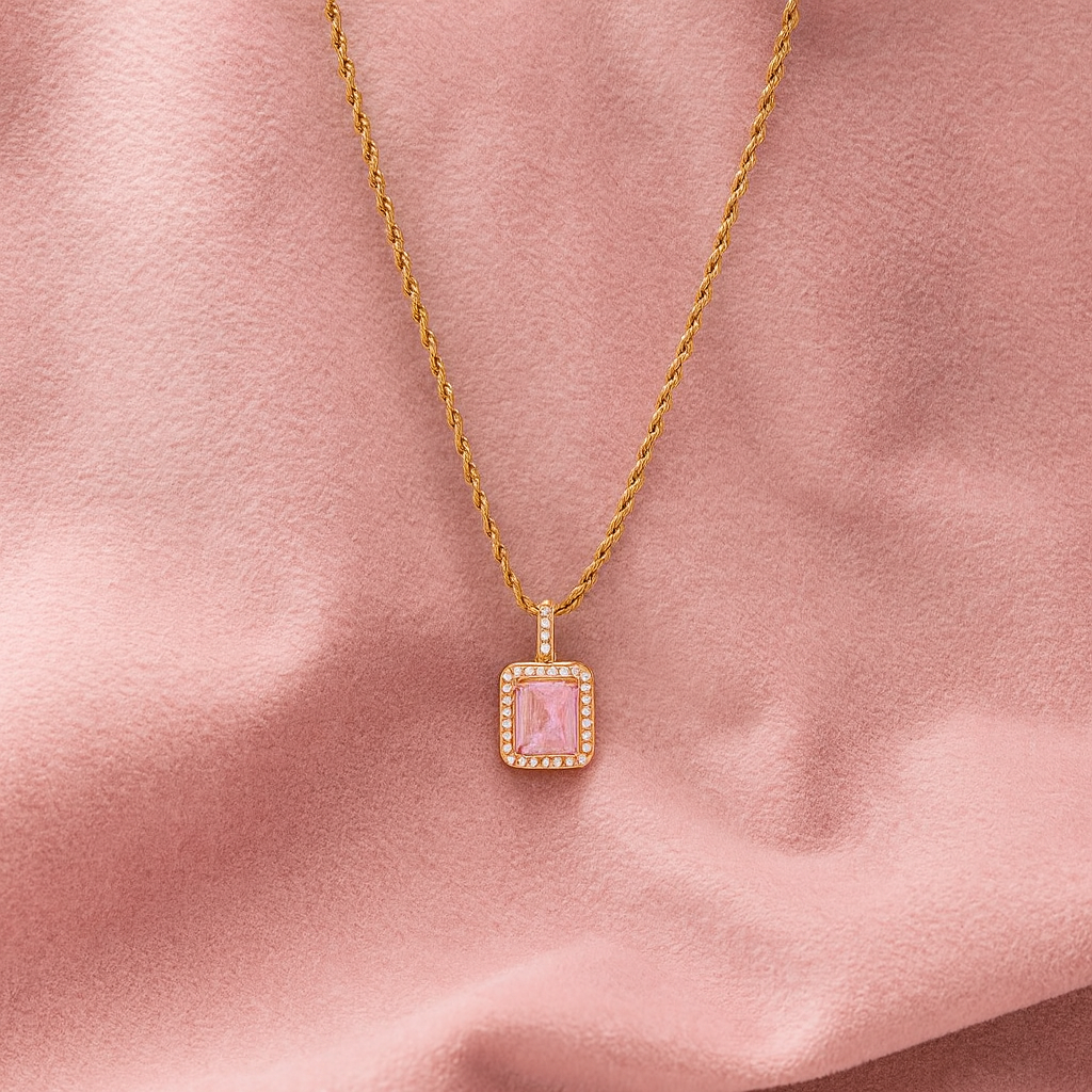 Pink Emerald Cut Halo Necklace 925 Sterling Silver Yellow Plated