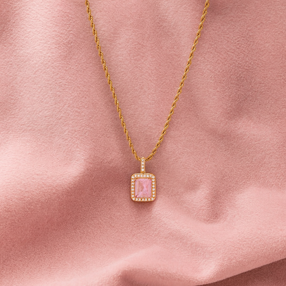 Pink Emerald-Cut Halo Necklace – 925 Sterling Silver
