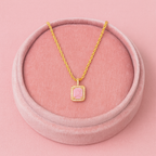 Pink Emerald Cut Halo Necklace 925 Sterling Silver Yellow Plated