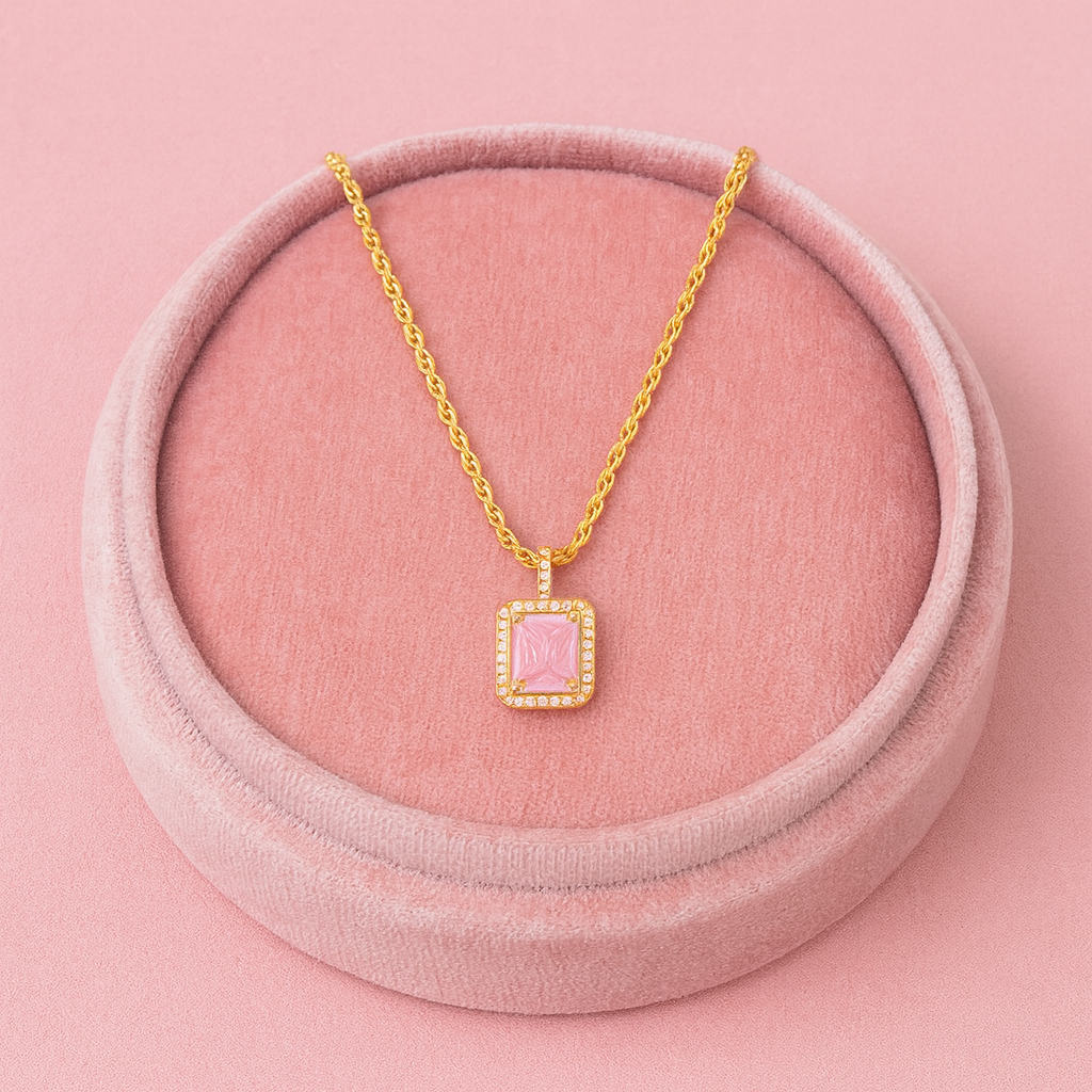 Pink Emerald Cut Halo Necklace 925 Sterling Silver Yellow Plated