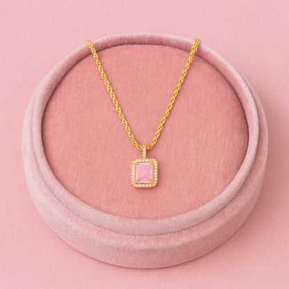 Pink Emerald-Cut Halo Necklace – 925 Sterling Silver