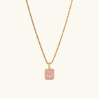 Pink Emerald Cut Halo Necklace 925 Sterling Silver Yellow Plated