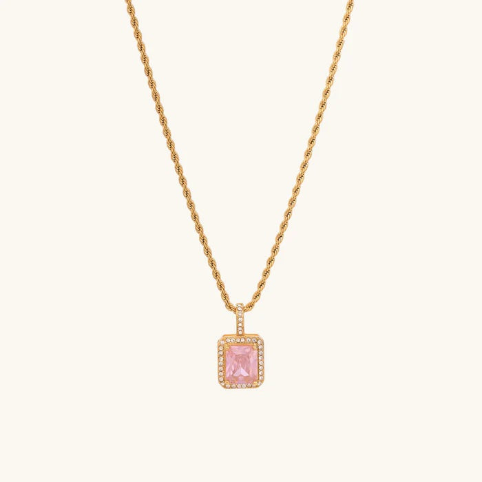 Pink Emerald Cut Halo Necklace 925 Sterling Silver Yellow Plated