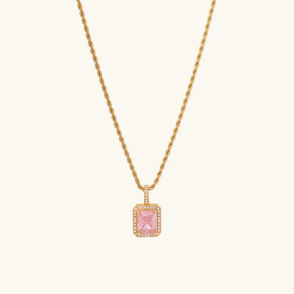 Pink Emerald-Cut Halo Necklace – 925 Sterling Silver
