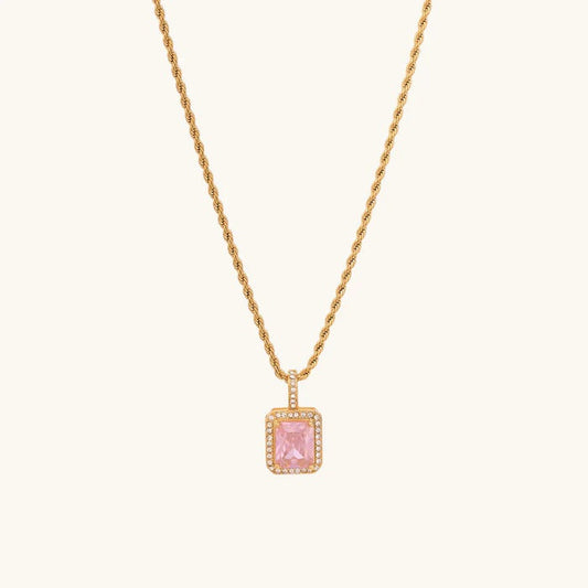 Pink Emerald-Cut Halo Necklace – 925 Sterling Silver