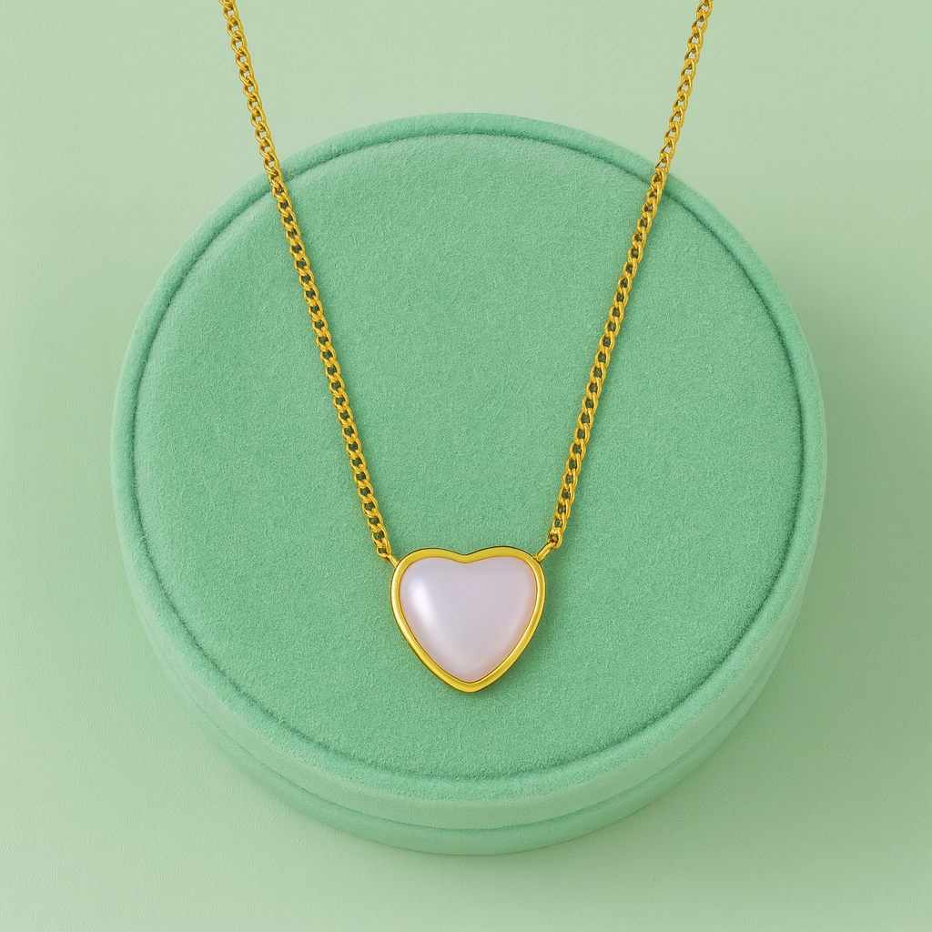 White Heart Mother of Pearl Necklace 925 Sterling Silver Yellow Plated
