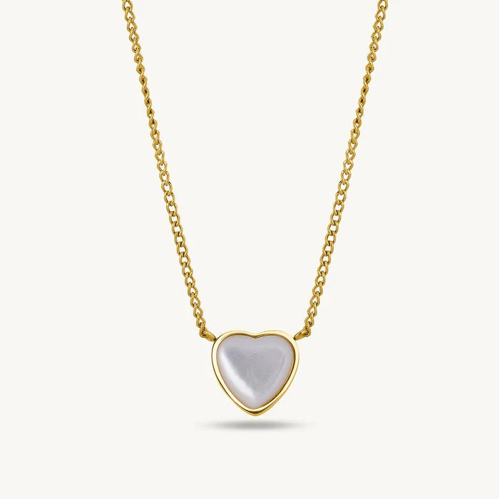 White Heart Mother of Pearl Necklace 925 Sterling Silver Yellow Plated