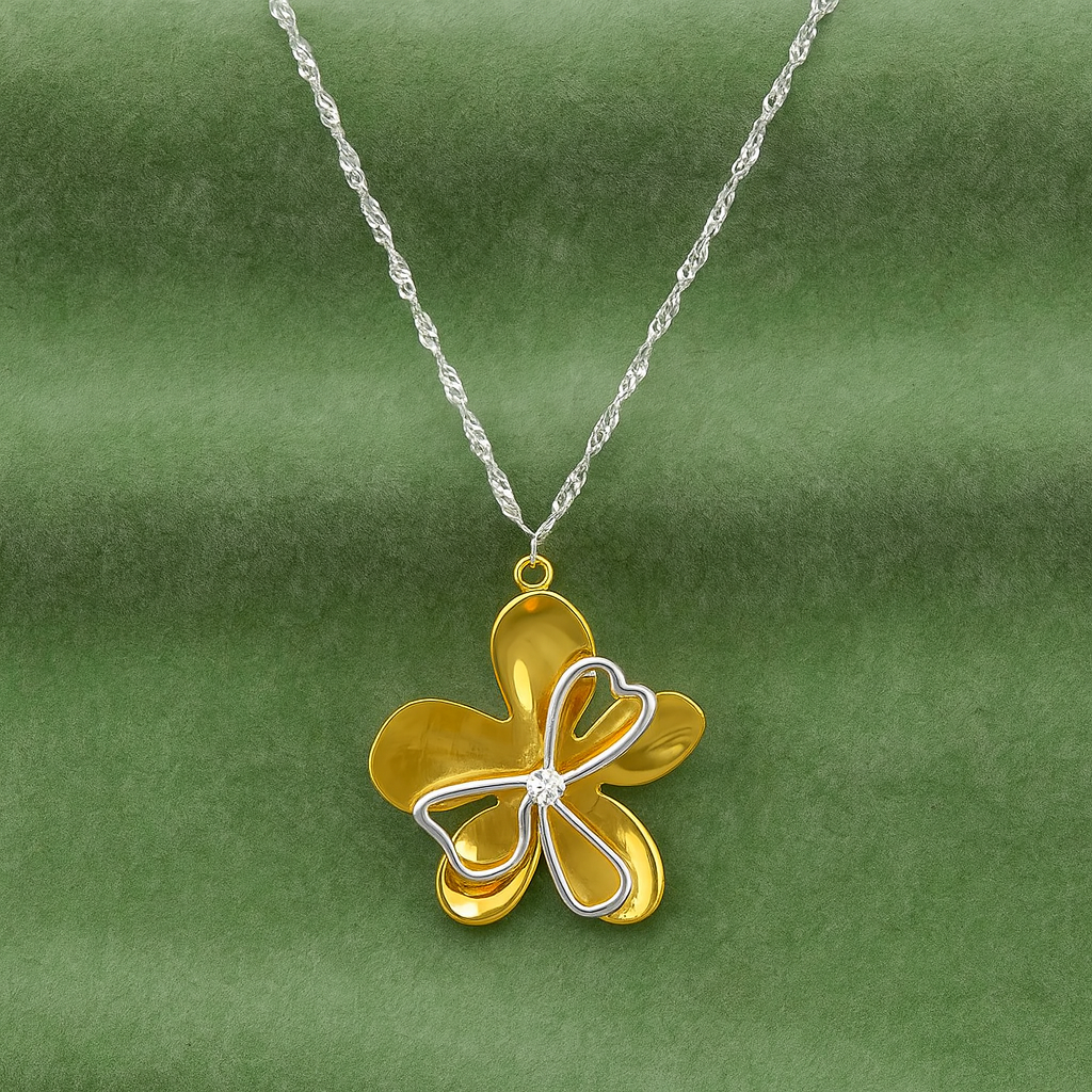 Dual-Tone Flower Necklace 925 Sterling Silver Yellow Plated