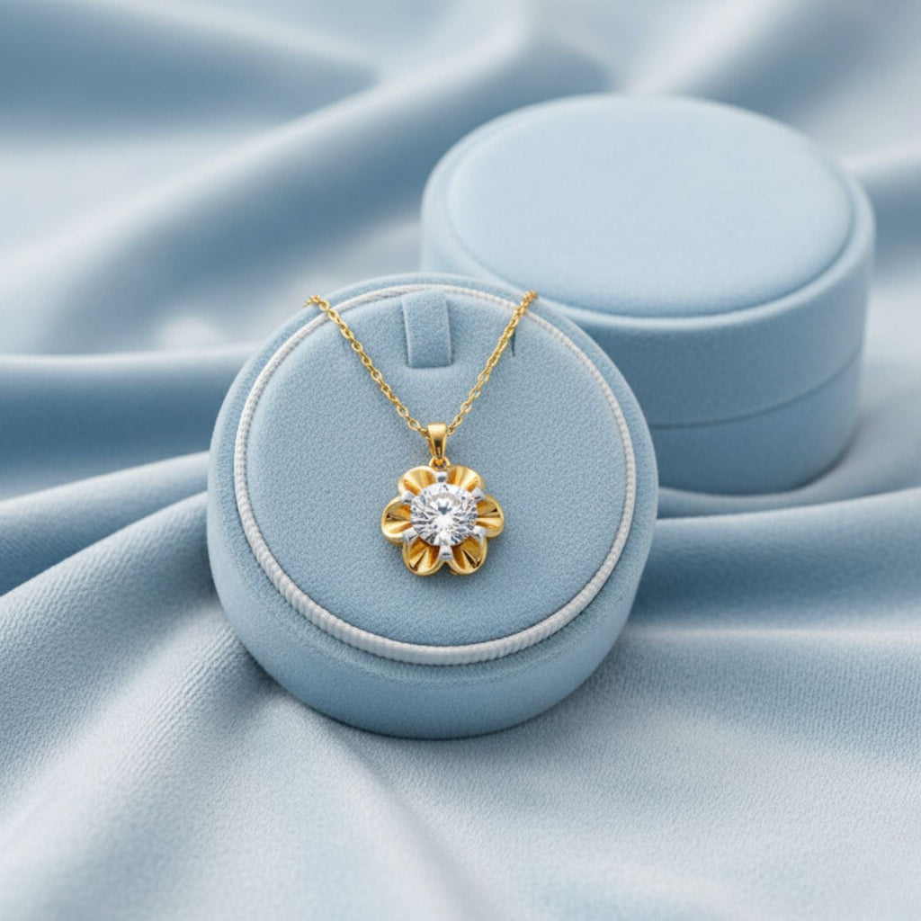 Floral Solitaire Necklace 925 Sterling Silver Yellow Plated