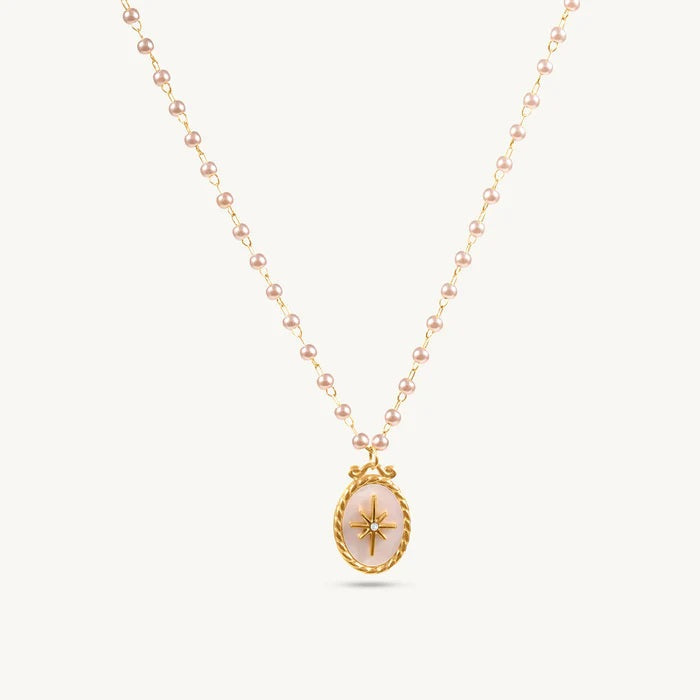 Pink Mother of Pearl Star Necklace 925 Sterling Silver Yellow Plated
