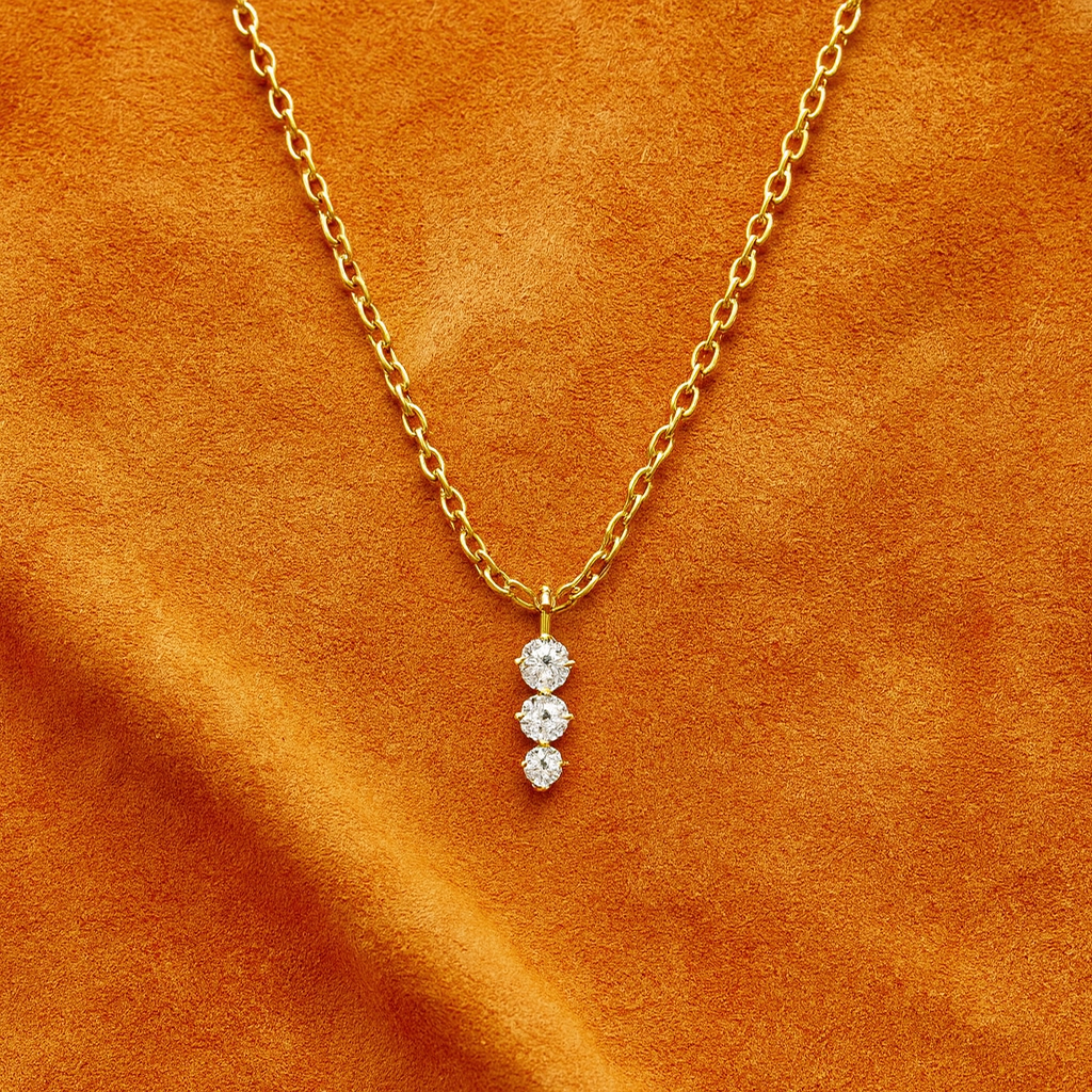Three-Stone Vertical Drop Necklace 925 Sterling Silver Yellow Plated