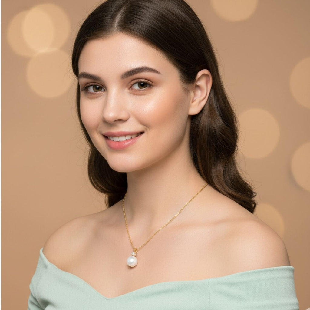 Classic Pearl and Solitaire Necklace 925 Sterling Silver Yellow Plated