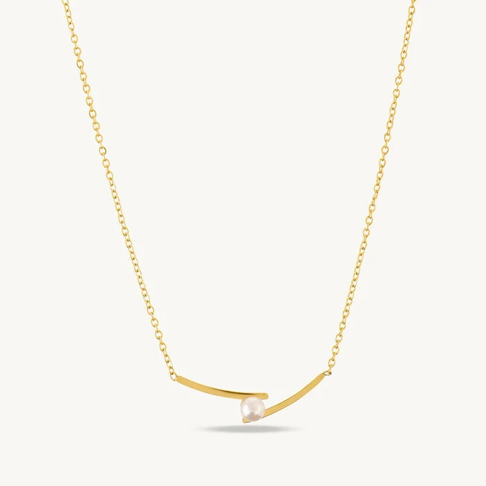 Pearl Curve Bar Necklace 925 Sterling Silver Yellow Plated