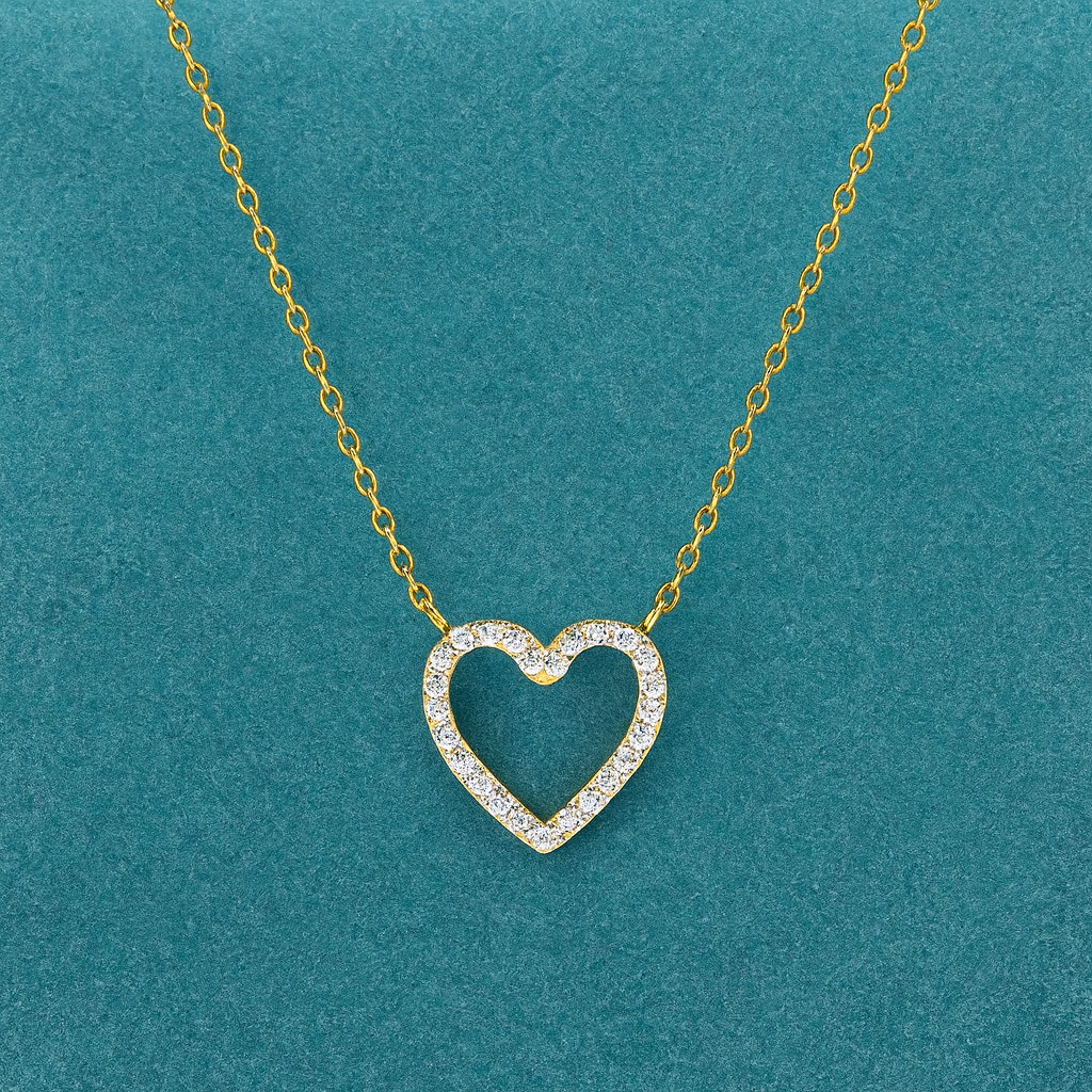 White Cz Open Heart Necklace 925 Sterling Silver Yellow Plated