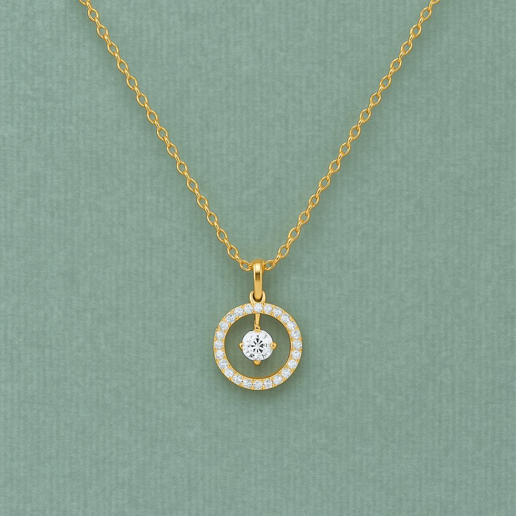 White Cz Halo Circle Necklace 925 Sterling Silver Yellow Plated