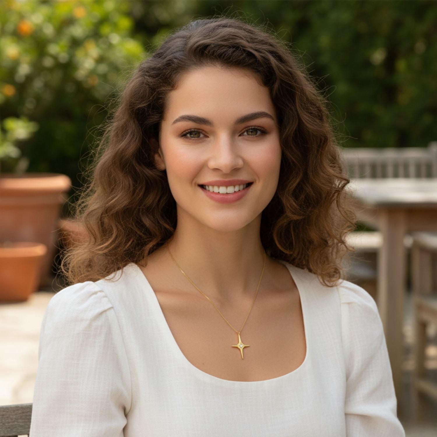 White Cz North Star Pendant Necklace 925 Sterling Silver Yellow Plated