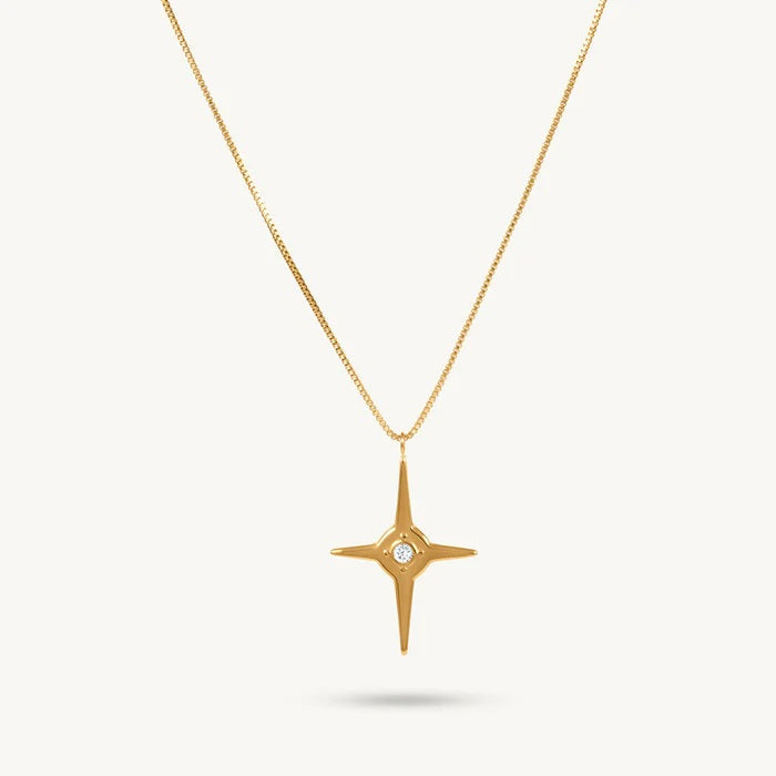 White Cz North Star Pendant Necklace 925 Sterling Silver Yellow Plated