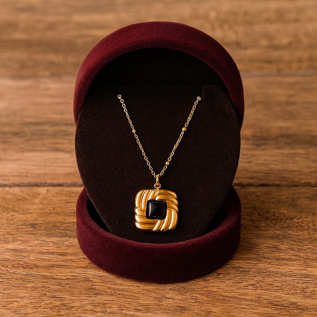 Black Onyx Rope Square Necklace 925 Sterling Silver Yellow Plated