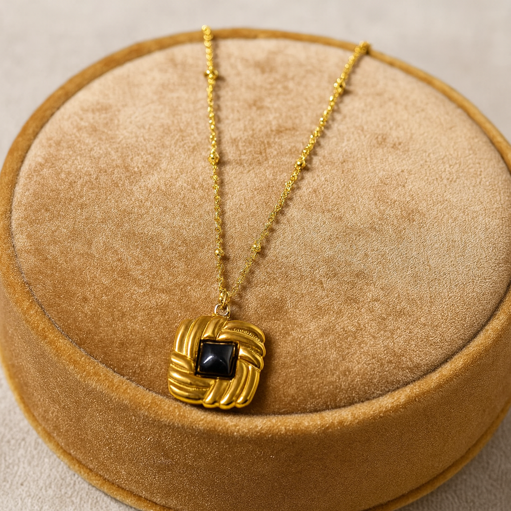 Black Onyx Rope Square Necklace 925 Sterling Silver Yellow Plated