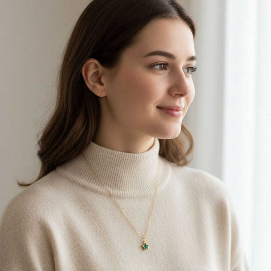 Green Enamel Star Pendant Necklace – 925 Sterling Silver