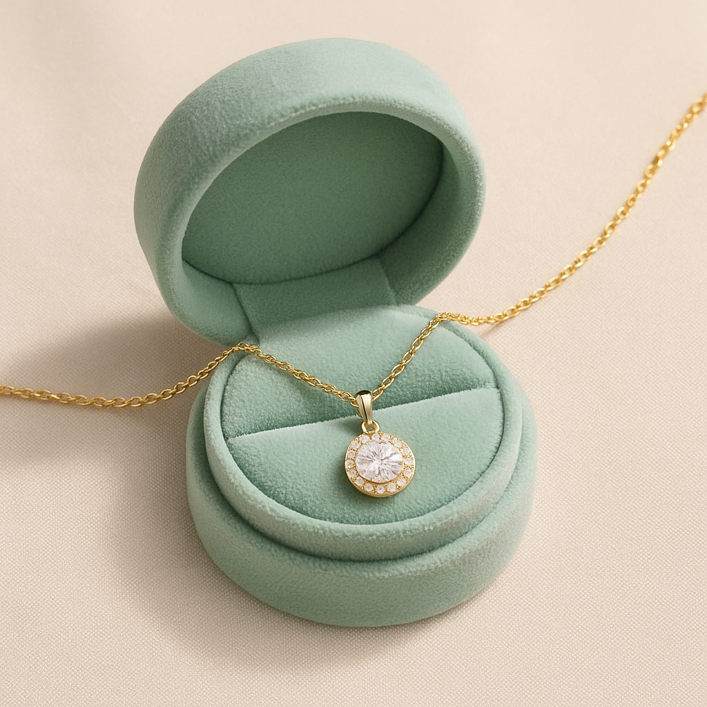 Halo Round Solitaire Necklace 925 Sterling Silver Yellow Plated