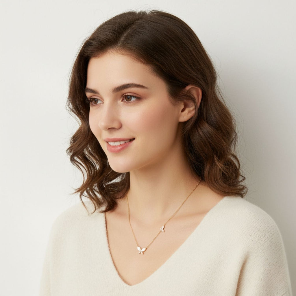 CZ Accents Pearl Butterfly Necklace925 Sterling Silver Yellow Plated