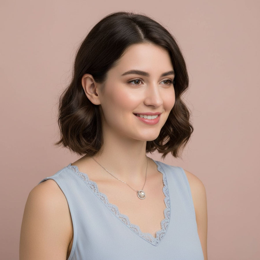 Double Halo Pearl Pendant Necklace – 925 Sterling Silver