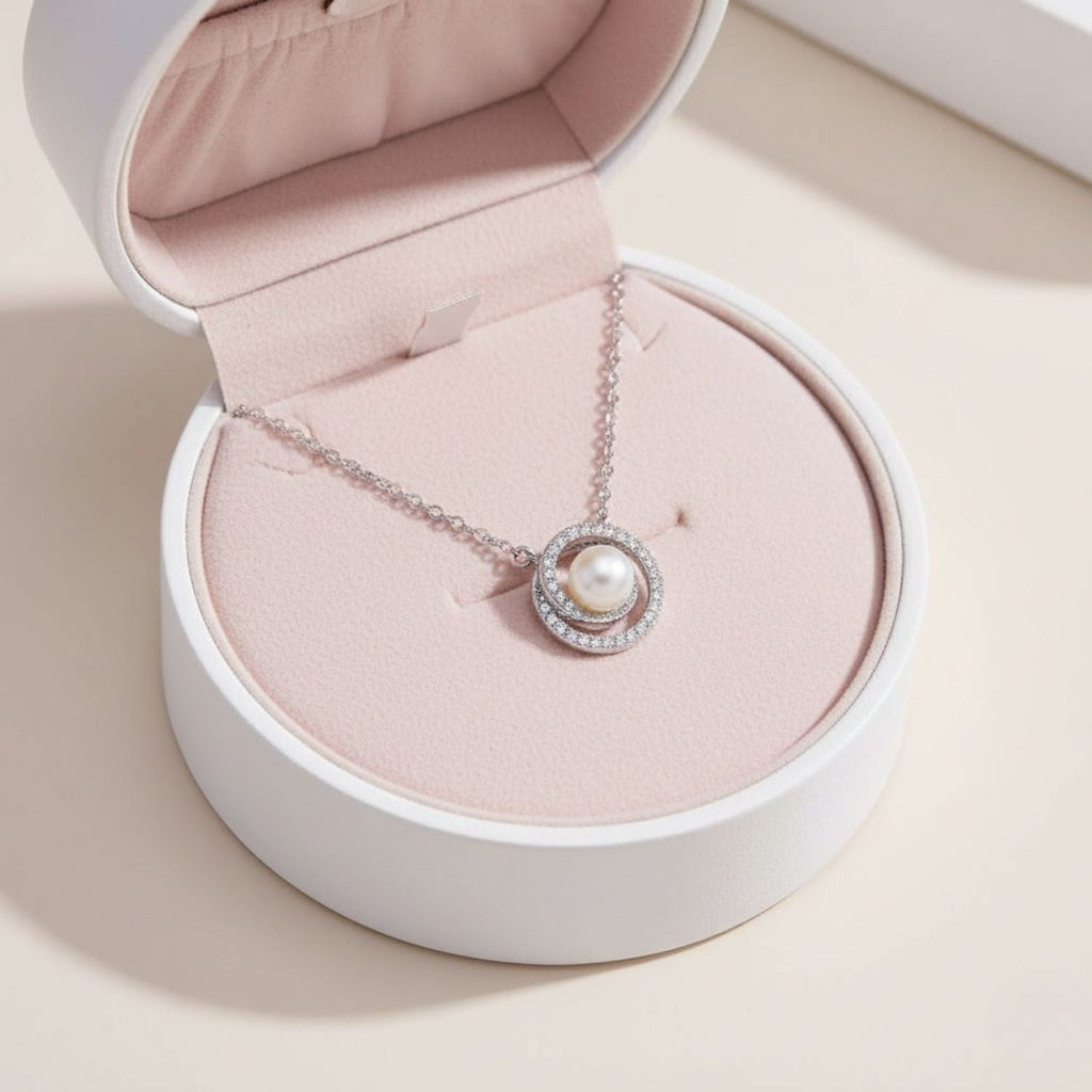 Double Halo Pearl Pendant Necklace 925 Sterling Silver