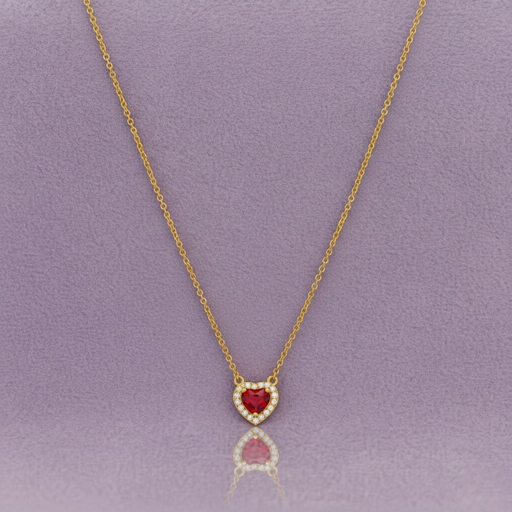 Heart-Shaped Ruby Red Pendant Necklace  925 Sterling Silver Yellow Plated