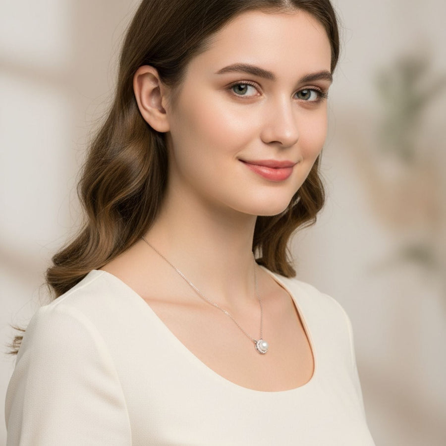 Dainty Pearl Halo Pendant Necklace – 925 Sterling Silver
