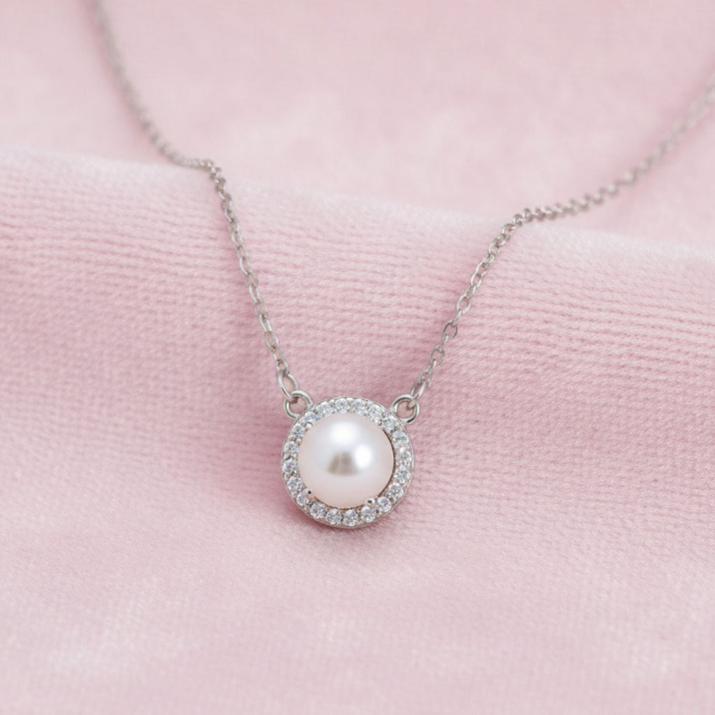Dainty Pearl Halo Necklace in 925 Sterling Silver 925 Sterling Silver