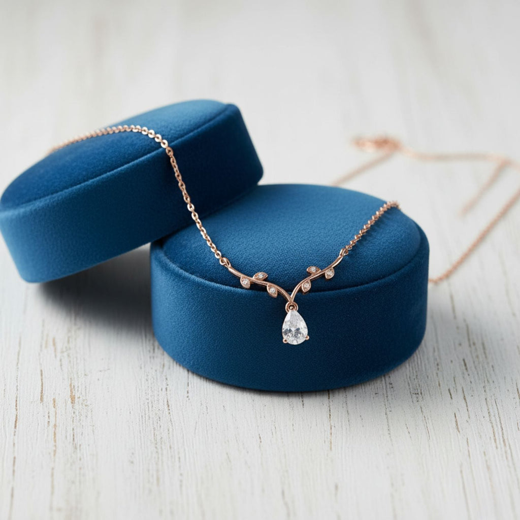 Leaf Vine Pear Drop Necklace 925 Sterling Silver Rose Gold Plated