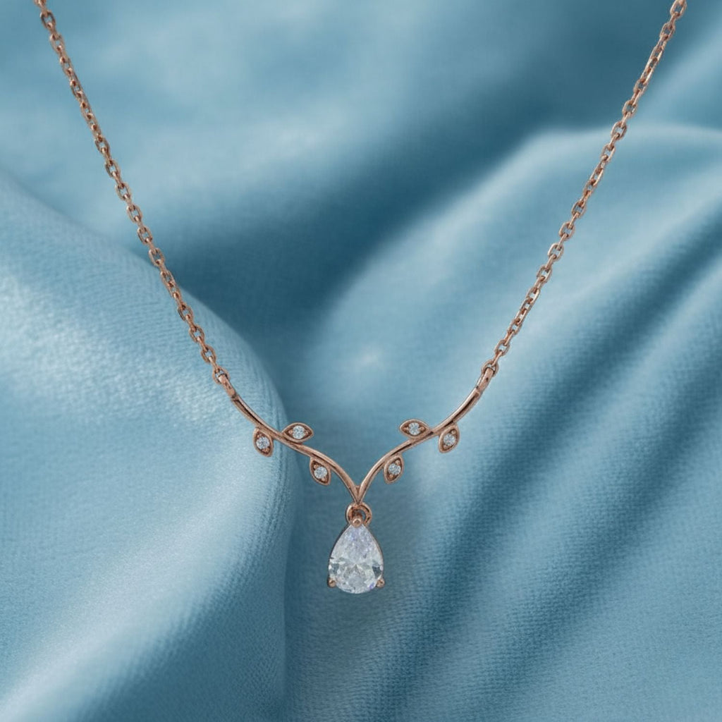 Leaf Vine Pear Drop Necklace 925 Sterling Silver Rose Gold Plated