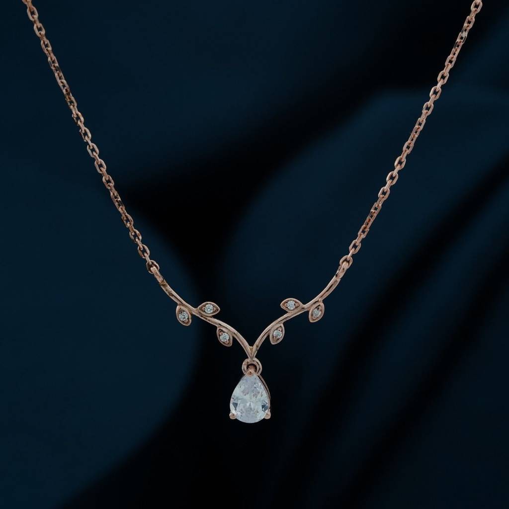Leaf Vine Pear Drop Necklace 925 Sterling Silver Rose Gold Plated