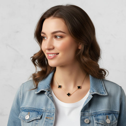 Black Enamel Clover Station Necklace – 925 Sterling Silver