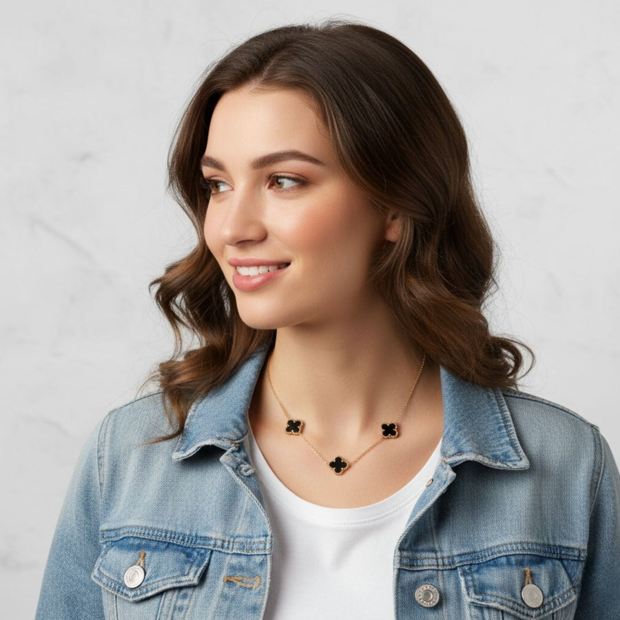 Black Enamel Clover Station Necklace – 925 Sterling Silver