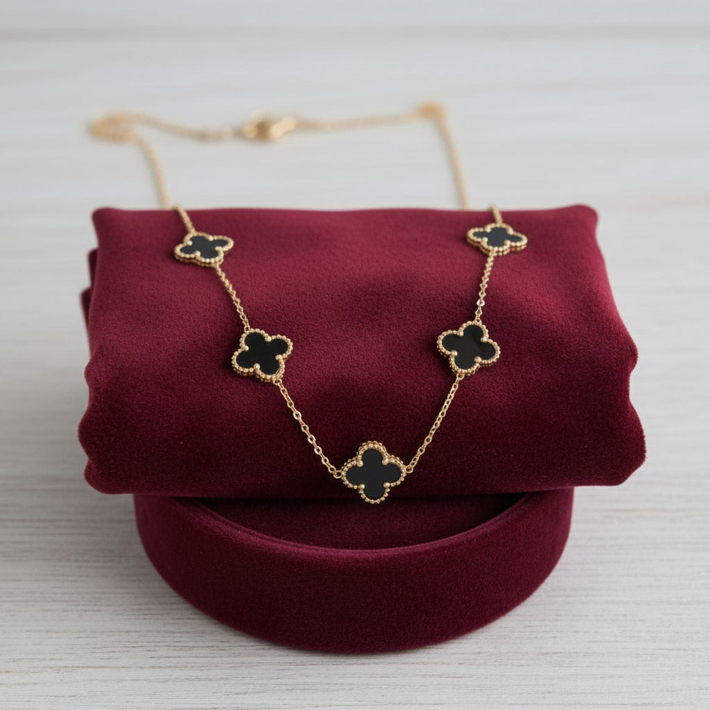Black Clover Station Necklace 925 Sterling Silver Yellow Plated