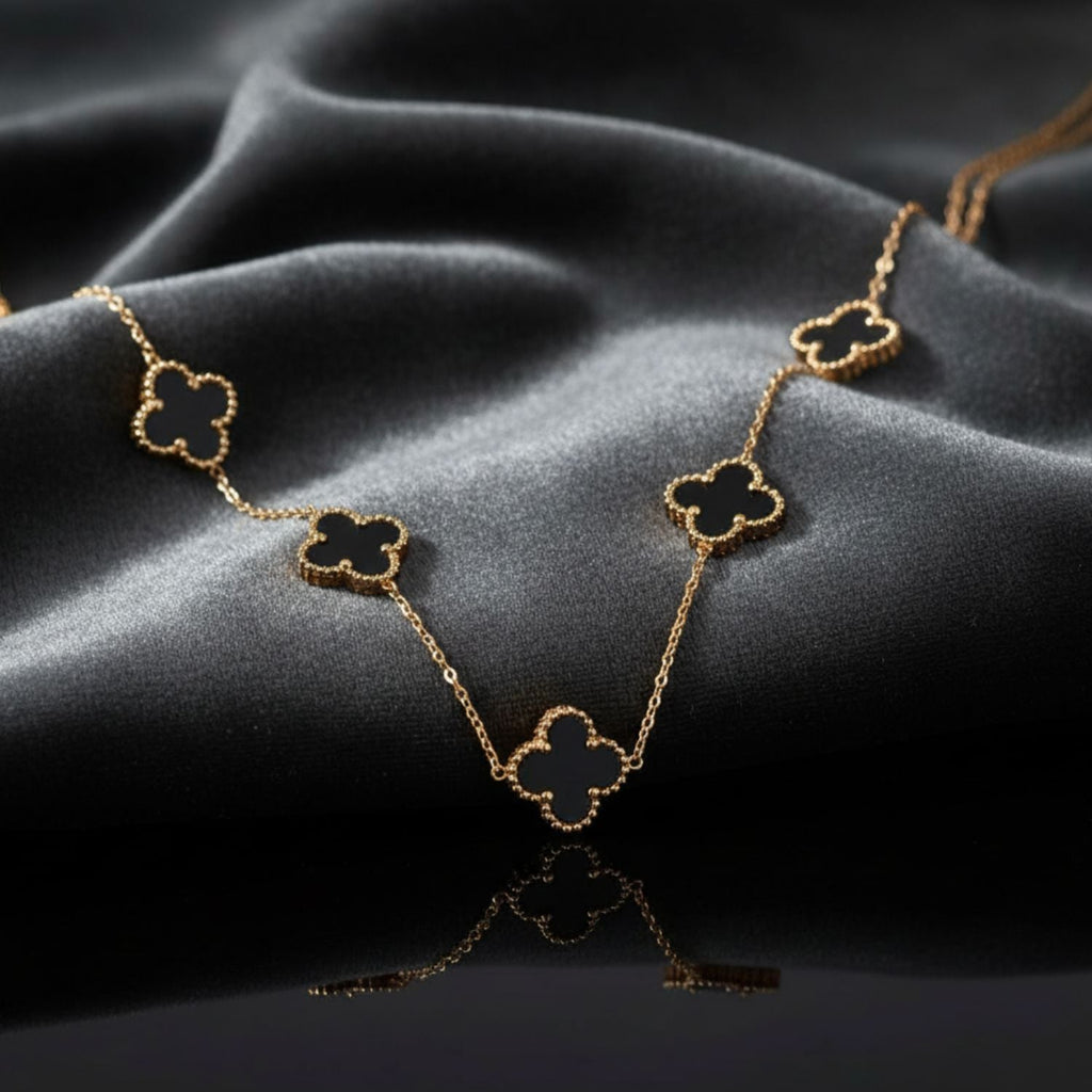 Black Clover Station Necklace 925 Sterling Silver Yellow Plated