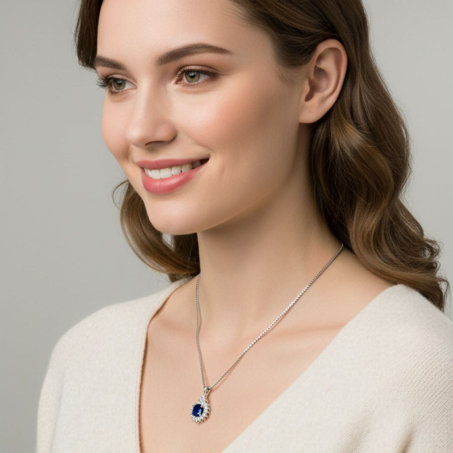 Blue CZ Halo Pendant Necklace – 925 Sterling Silver