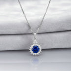 Sparkling Blue CZ Halo Pendant Necklace 925 Sterling Silver
