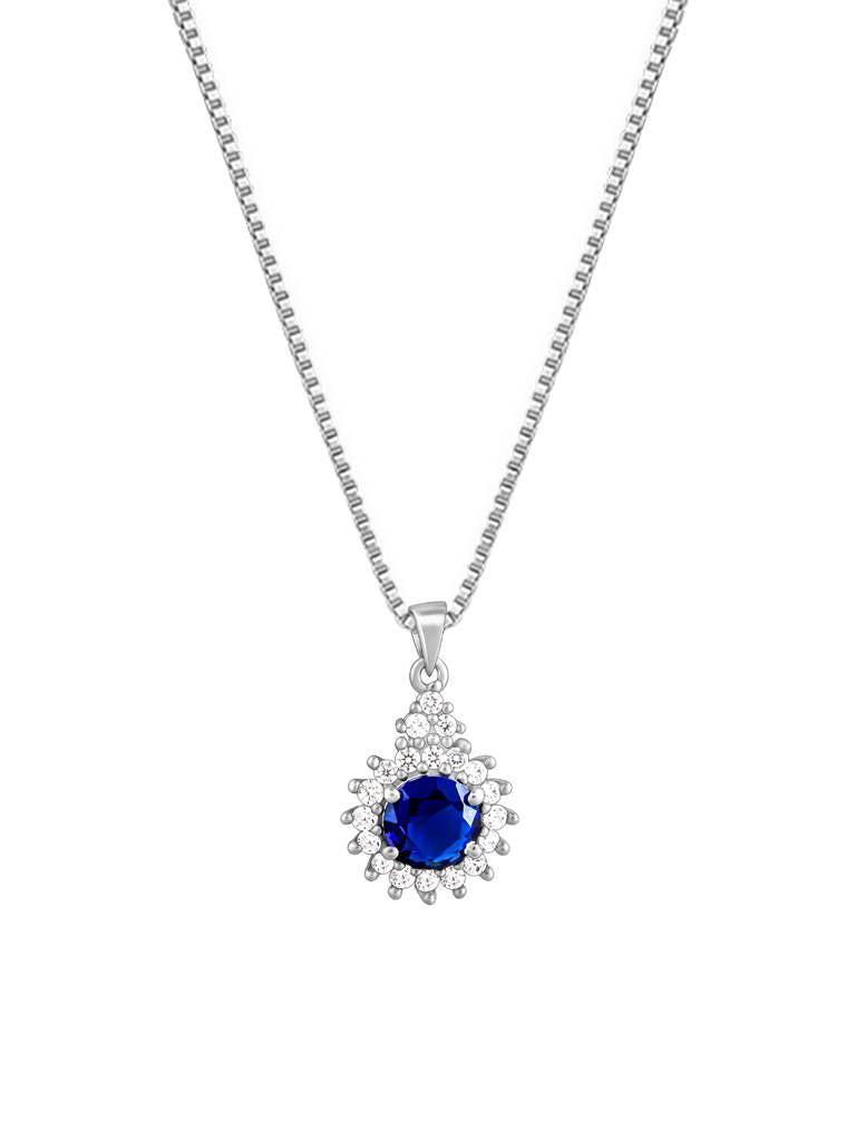 Sparkling Blue CZ Halo Pendant Necklace 925 Sterling Silver