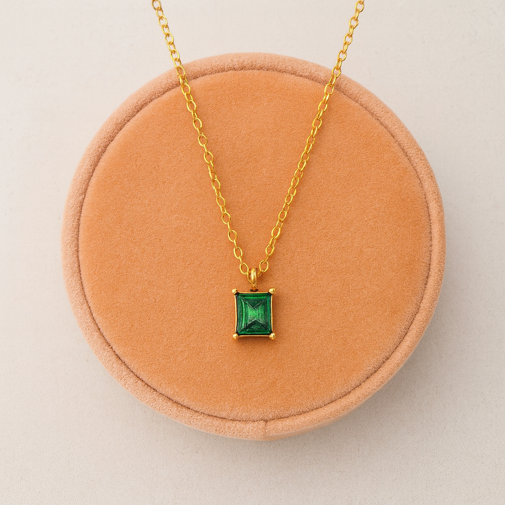 Emerald Green Princess-Cut Necklace 925 Sterling Silver Yellow Plated