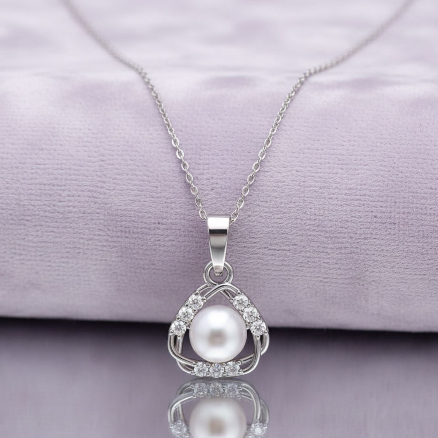 Elegant Pearl Halo Triangle Necklace 925 Sterling Silver
