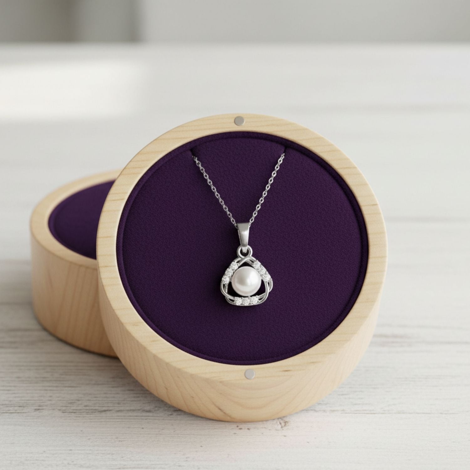 Elegant Pearl Halo Triangle Necklace 925 Sterling Silver