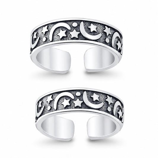 Moon and Star Wide Double Toe Ring – 925 Sterling Silver